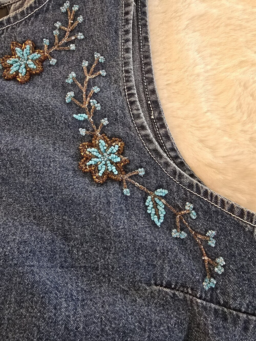 Vintage Scarlett Denim Sleeveless Top With Beaded Turquoise Floral Accents - Picture 3 of 8